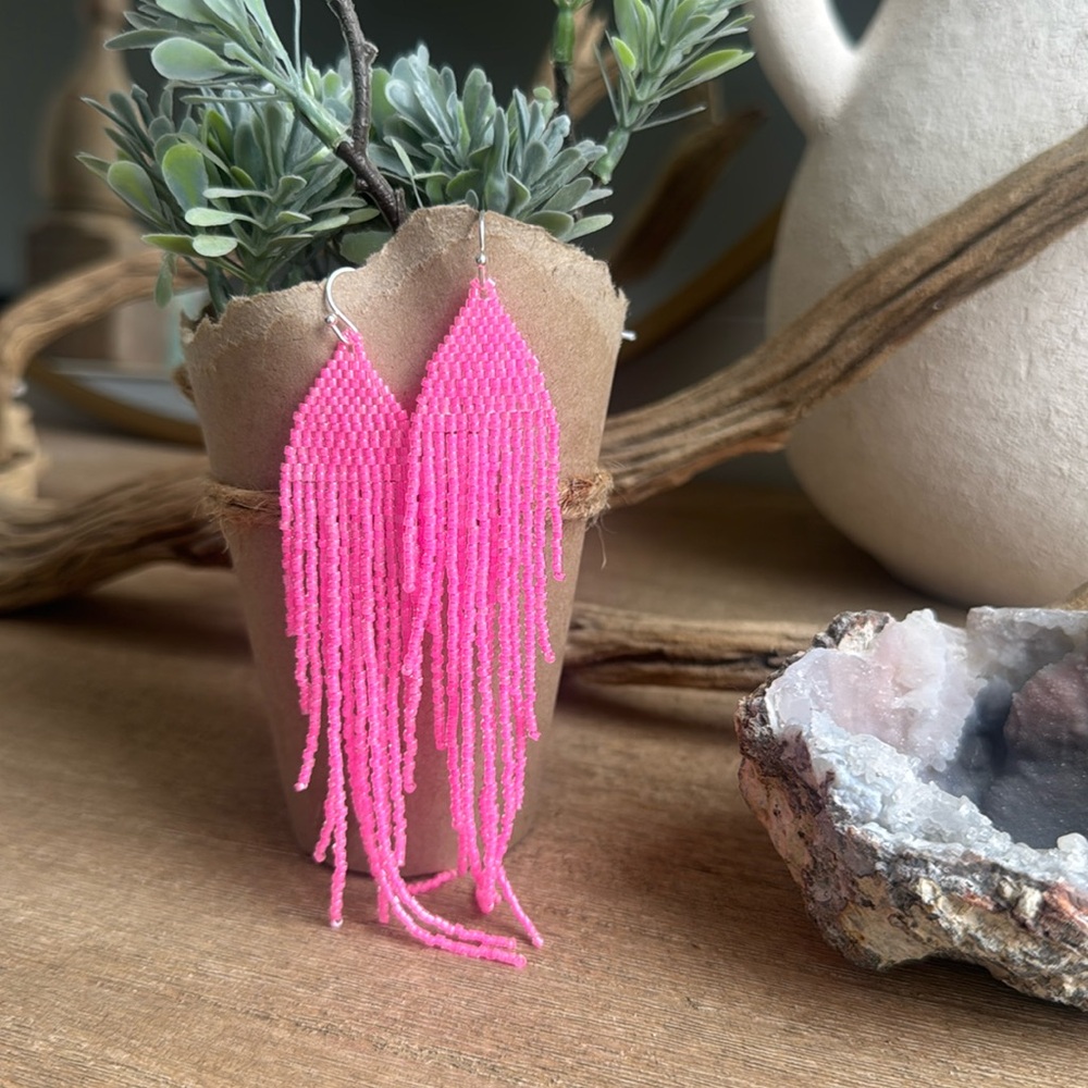Handmade Hot Pink Beaded Fringe Earrings | Boho Statement Earrings